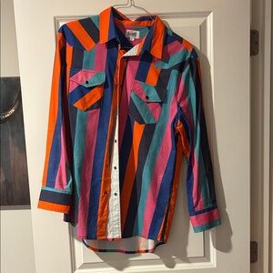 Bold Multi-Stripe Button-Down Shirt in Orange, Teal & Pink